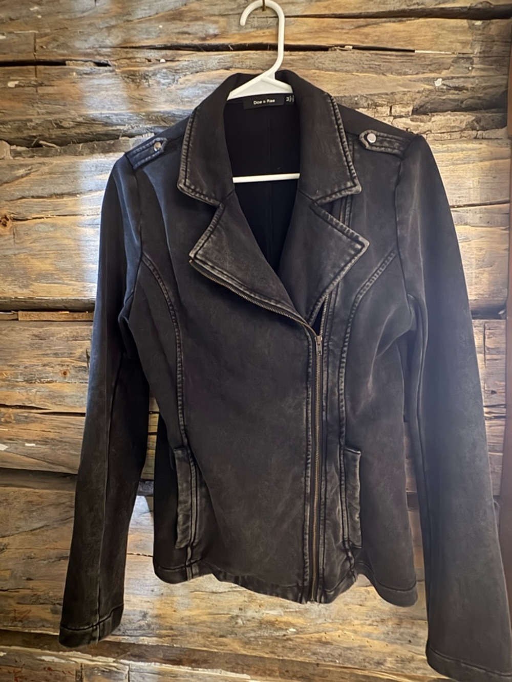 Doe & Rae Women's Distressed Black Leather Moto Jacket